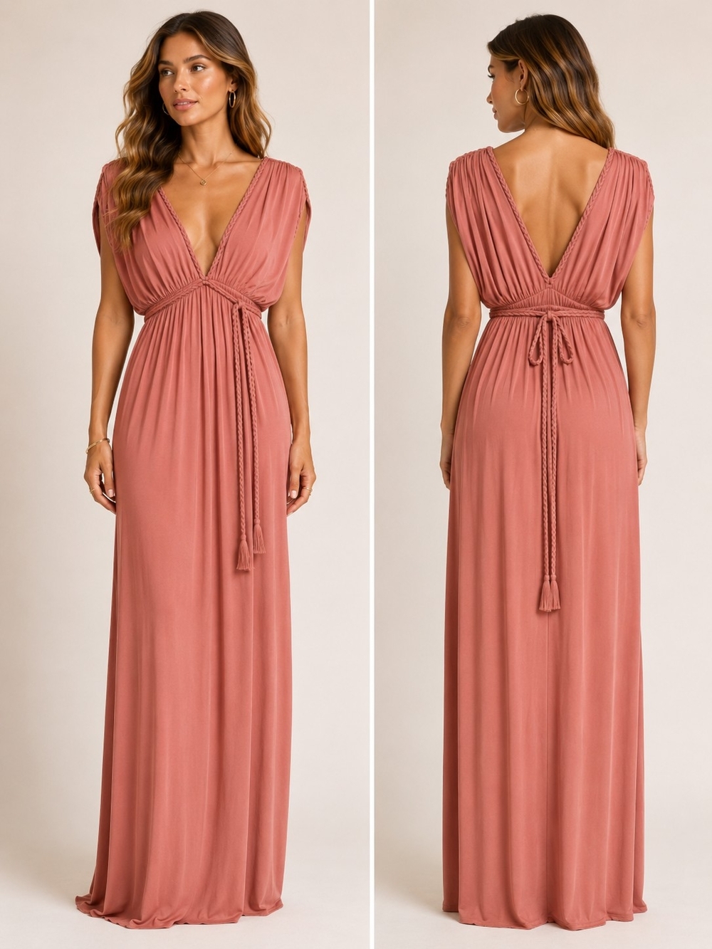 Misa Los Angeles Antigone Dusty Rose Plunging V-Neck Maxi Dress